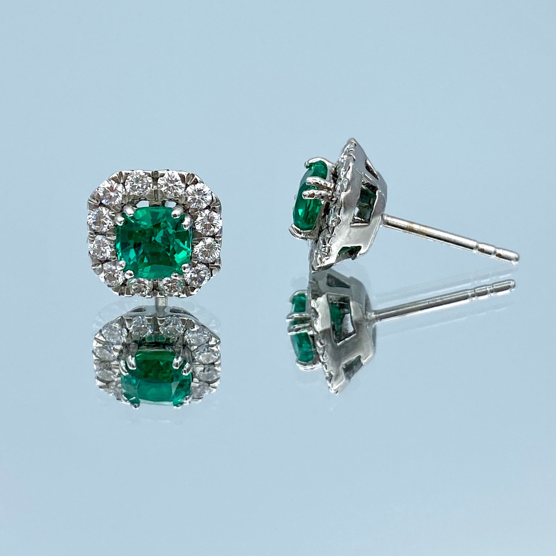 Emerald Earrings with a Diamond Halo in 14K White Gold - L and L Jewelry
