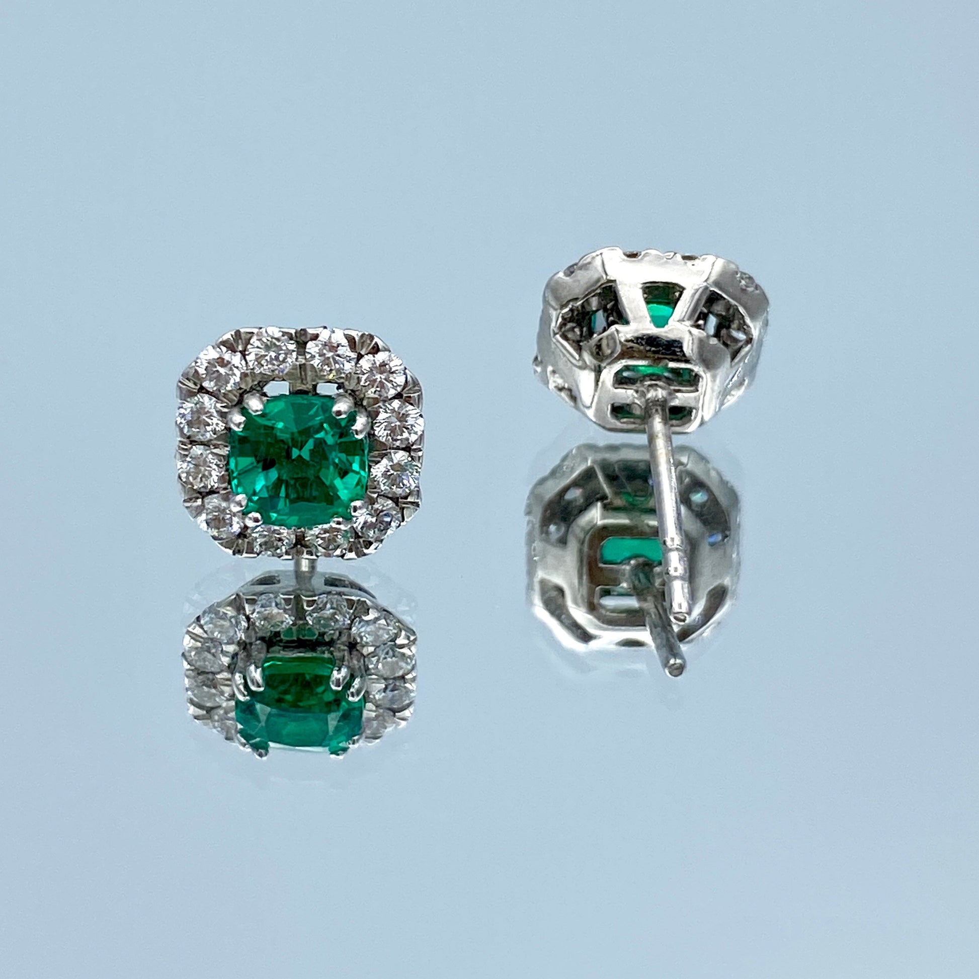 Emerald Earrings with a Diamond Halo in 14K White Gold - L and L Jewelry
