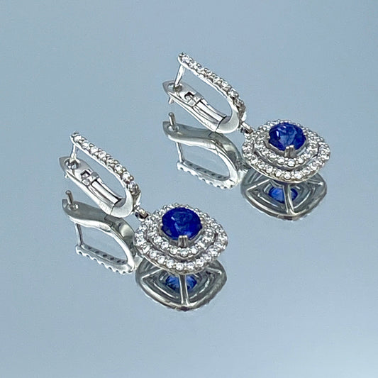 Blue Sapphire Leverback Drop Earrings with Double Diamond Halo in 18K White Gold - L and L Jewelry