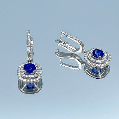 Blue Sapphire Leverback Drop Earrings with Double Diamond Halo in 18K White Gold - L and L Jewelry