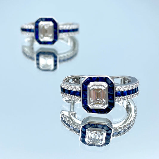 Diamond and Blue Sapphire Halo Lever back Earrings in 14K White Gold - L and L Jewelry