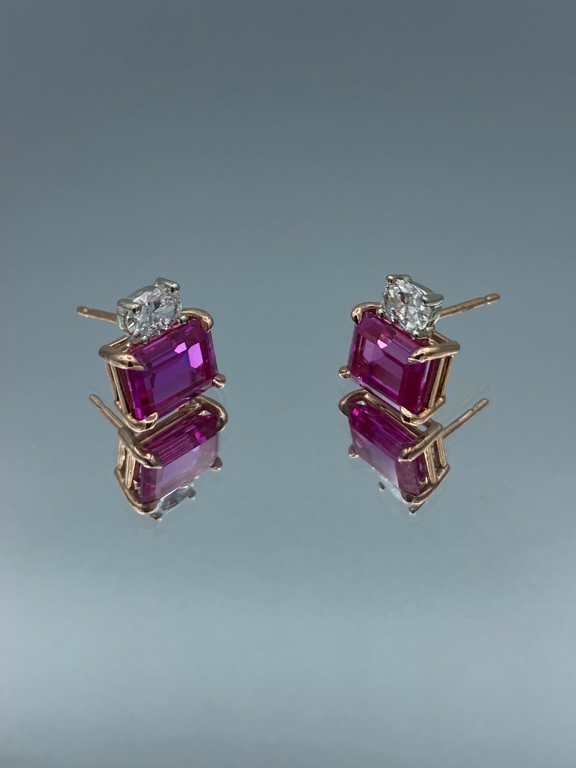 Pink Sapphire and Oval-Cut Diamonds Stud Earrings in 14K Rose Gold - L and L Jewelry