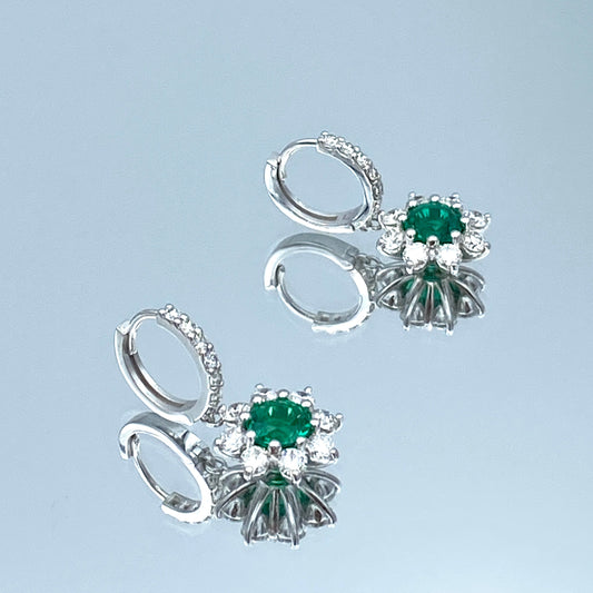 Floral Design Emerald and Diamond Leverback Drop Earrings in 14K White Gold - L and L Jewelry