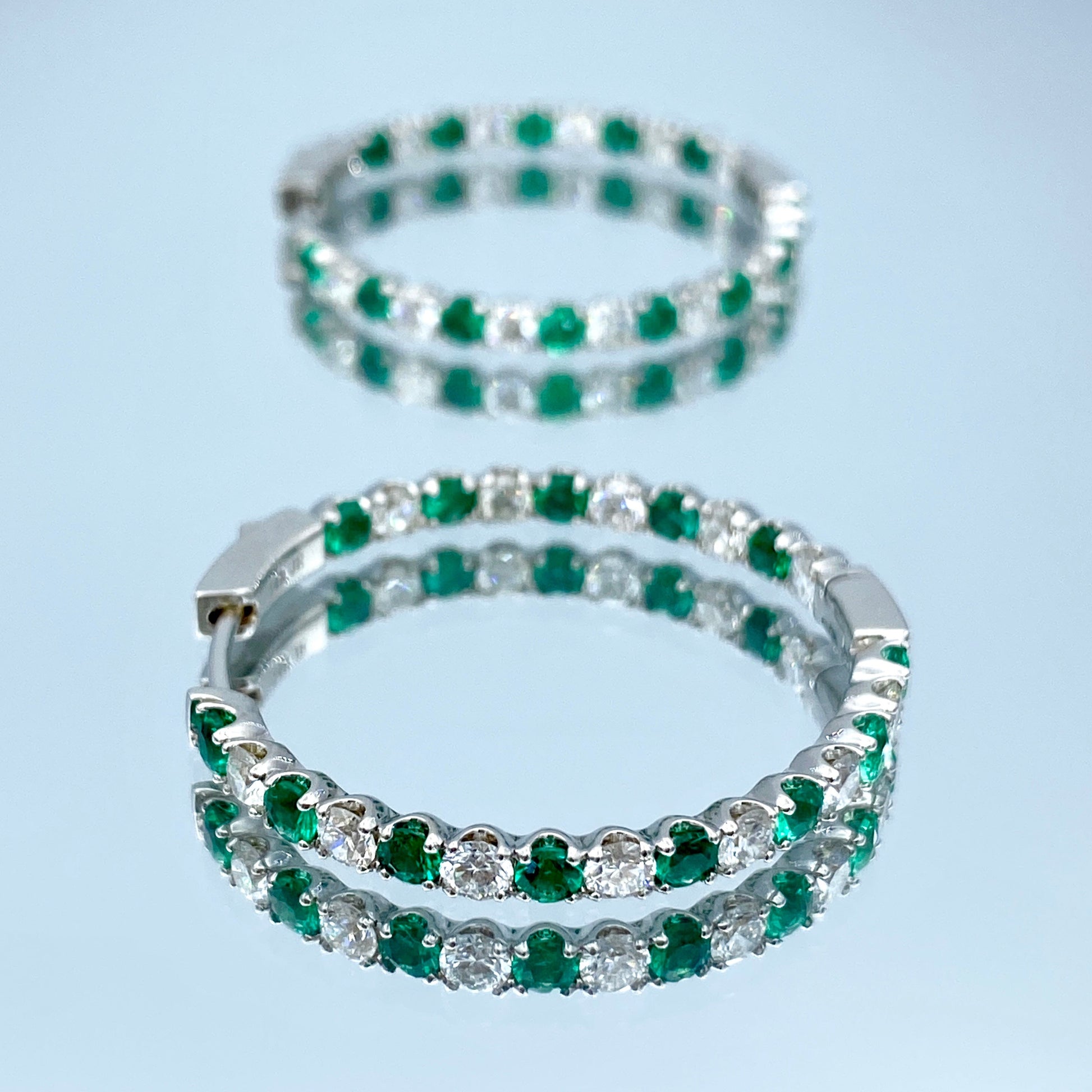 Inside-Out Alternating Emerald and Diamond Hoop Earrings in 14K White Gold - L and L Jewelry