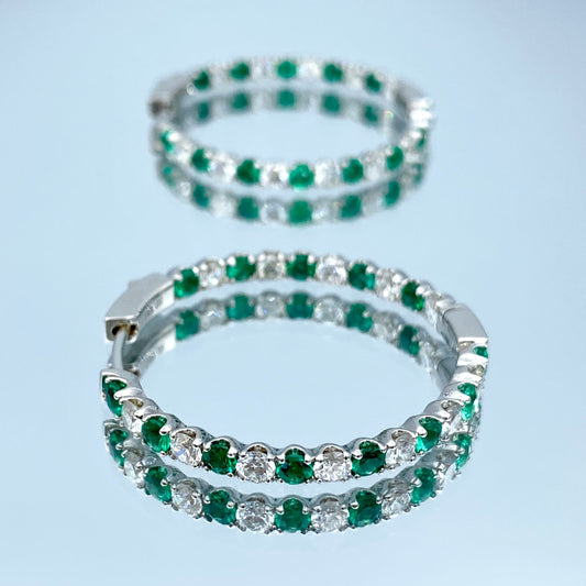 Inside-Out Alternating Emerald and Diamond Hoop Earrings in 14K White Gold - L and L Jewelry