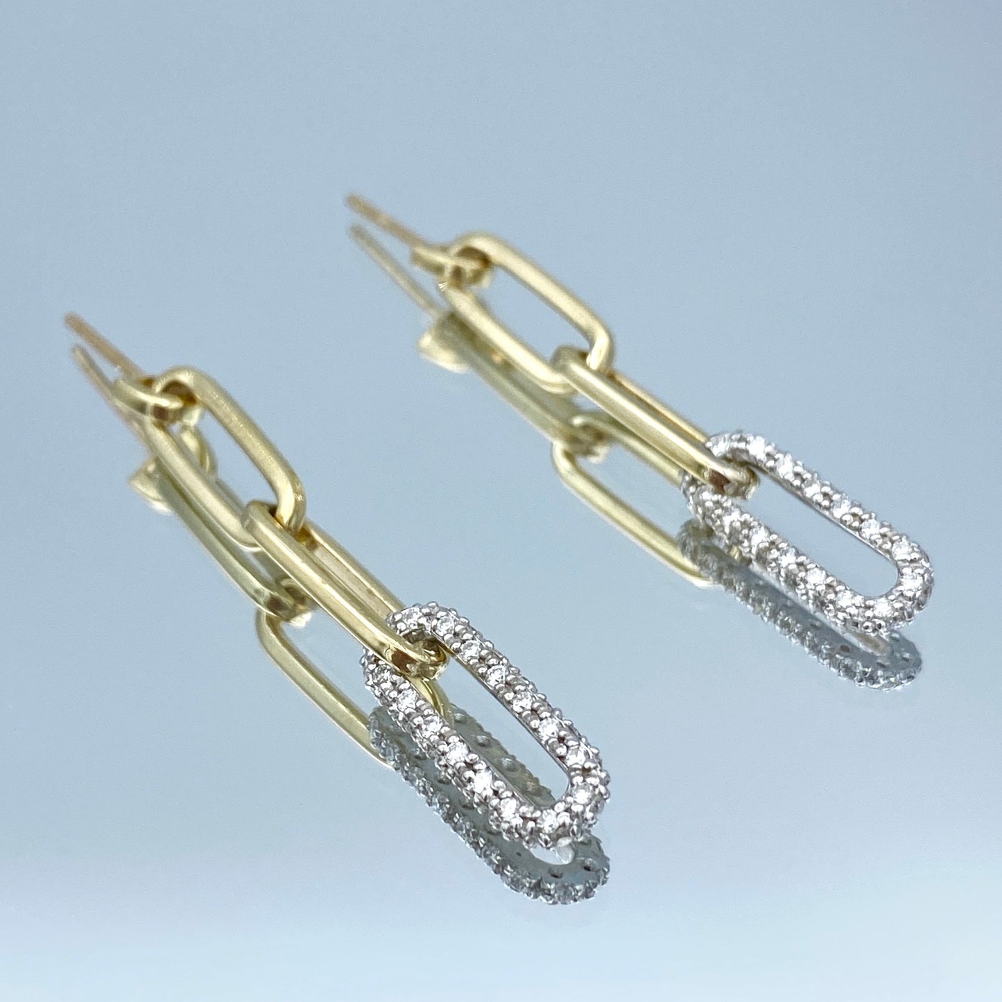 Paperclip Link Earrings with Pave Set Diamond in 14K Yellow Gold - L and L Jewelry