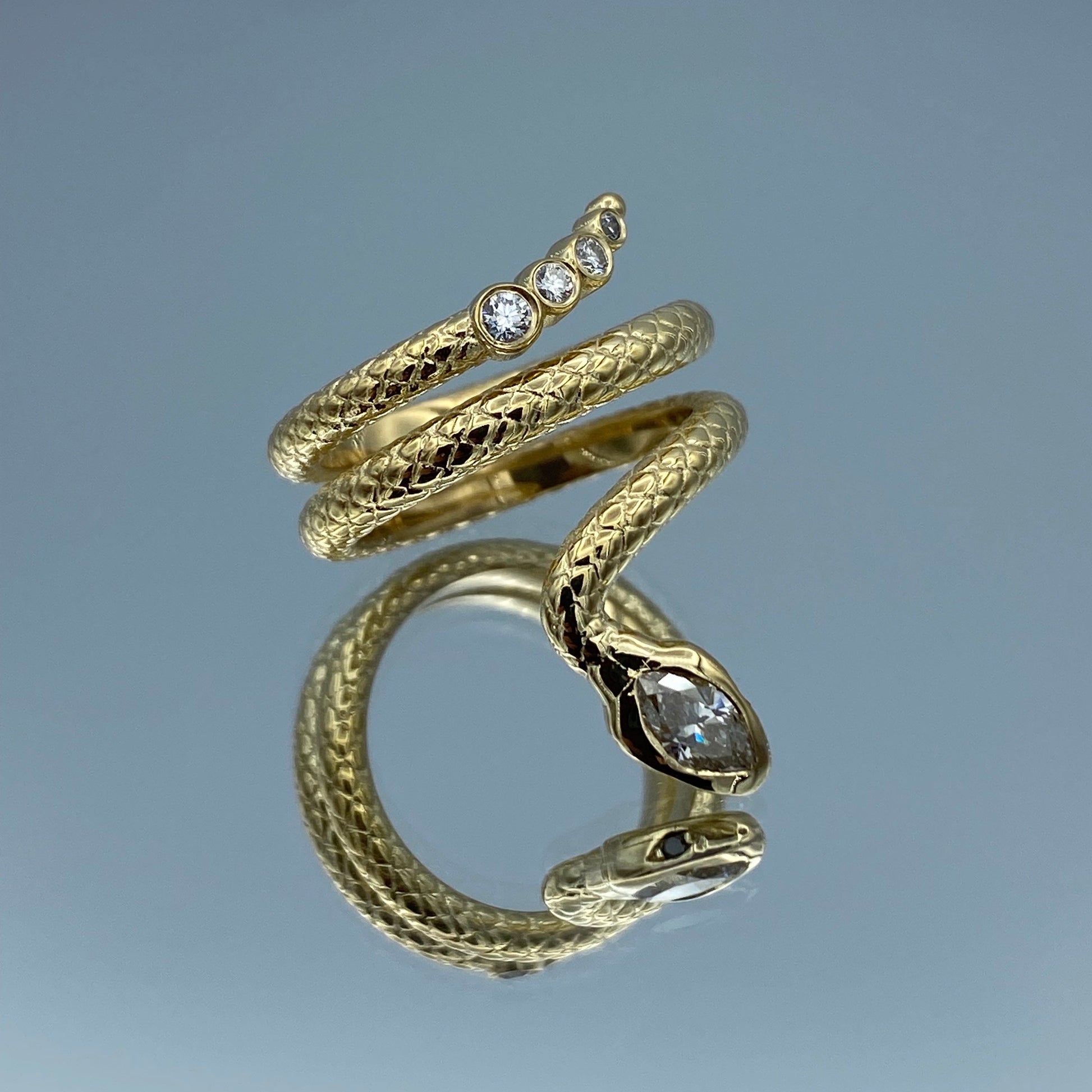 Snake Shape Ring with Marquis-Cut and Round-Cut Diamonds in 14K Yellow Gold - L and L Jewelry