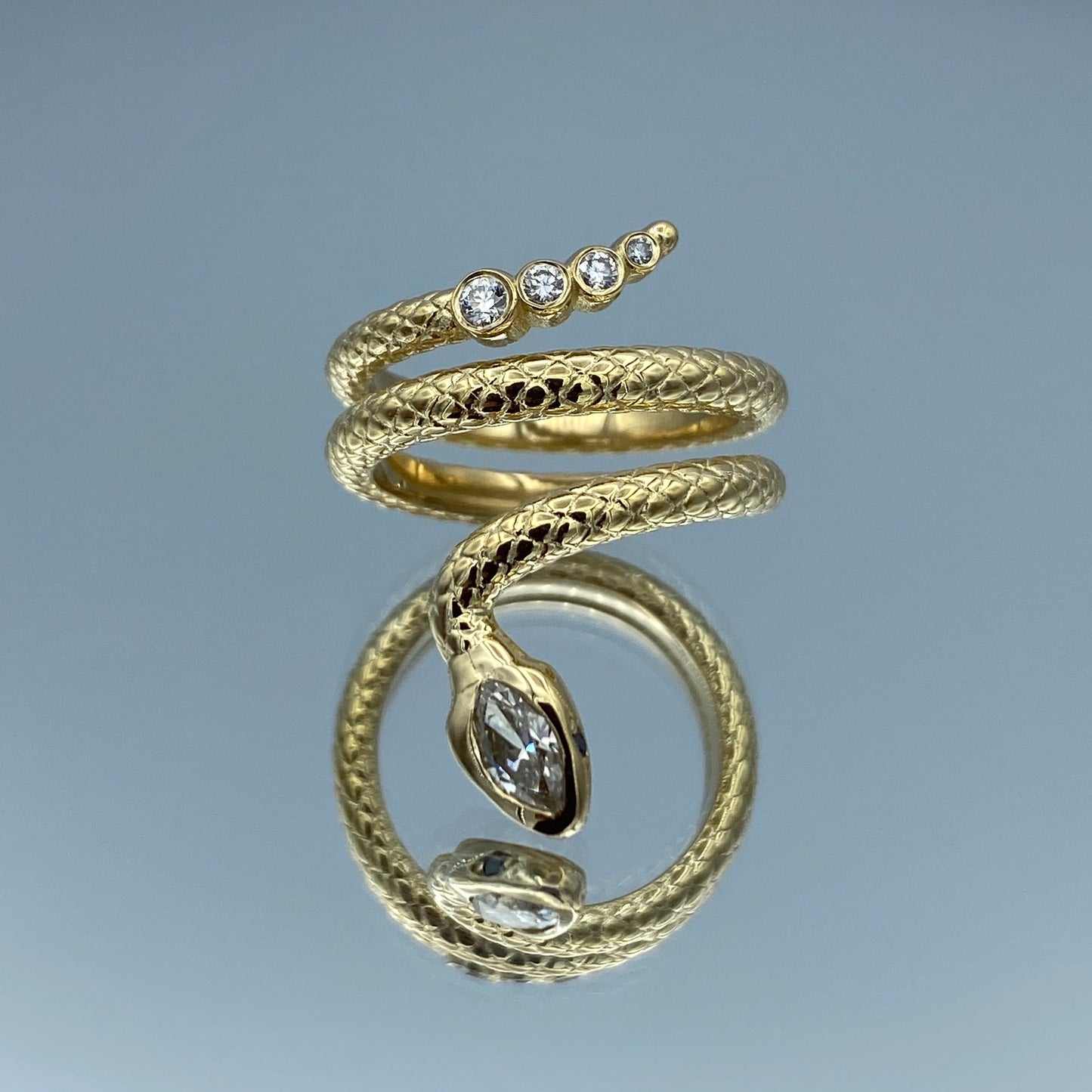 Snake Shape Ring with Marquis-Cut and Round-Cut Diamonds in 14K Yellow Gold - L and L Jewelry