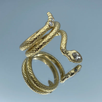 Snake Shape Ring with Marquis-Cut and Round-Cut Diamonds in 14K Yellow Gold - L and L Jewelry