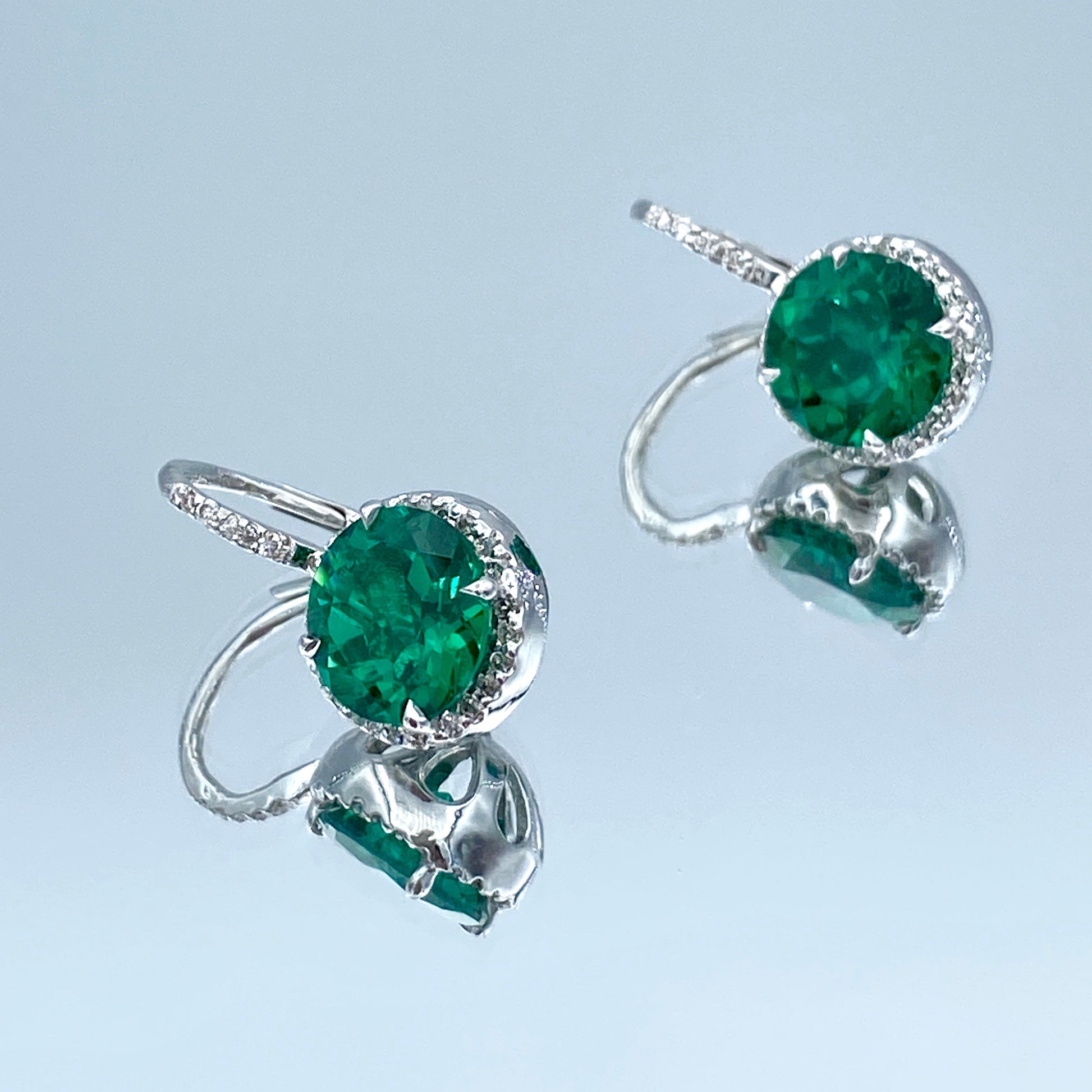 Halo Emerald and Diamond Lever Back Drop Earrings in 14K White Gold - L and L Jewelry