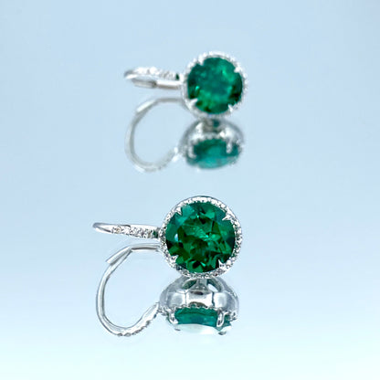 Halo Emerald and Diamond Lever Back Drop Earrings in 14K White Gold - L and L Jewelry