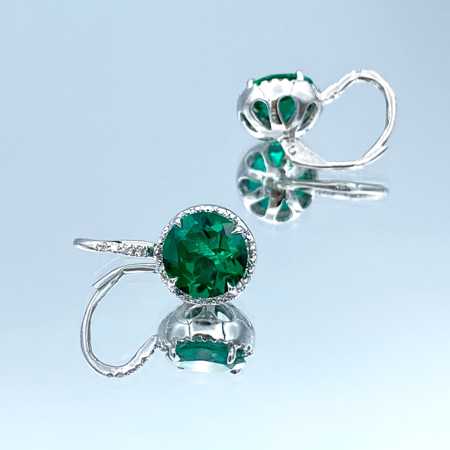 Halo Emerald and Diamond Lever Back Drop Earrings in 14K White Gold - L and L Jewelry