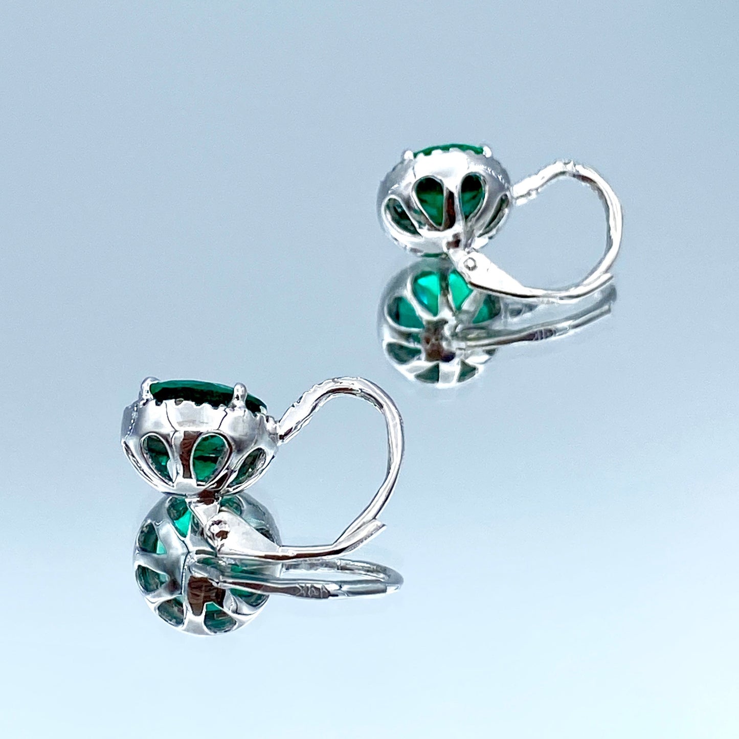 Halo Emerald and Diamond Lever Back Drop Earrings in 14K White Gold - L and L Jewelry