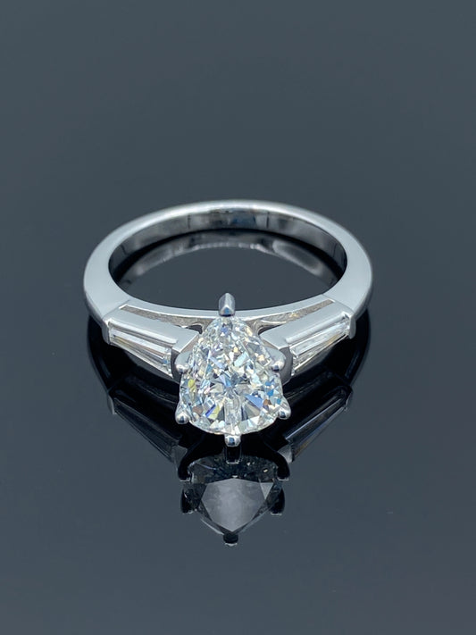 Pear-Shape Diamond Engagement Ring with Tapered Baguette Side in 14K White Gold - L and L Jewelry