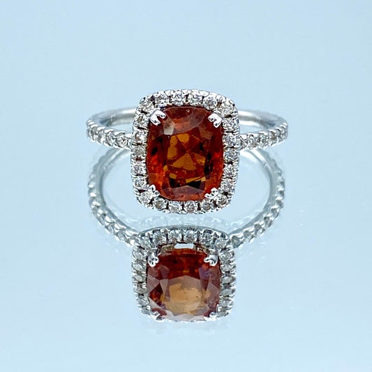 Cushion-Cut Orange Citrine Ring with Diamond Halo in 14K White Gold - L and L Jewelry