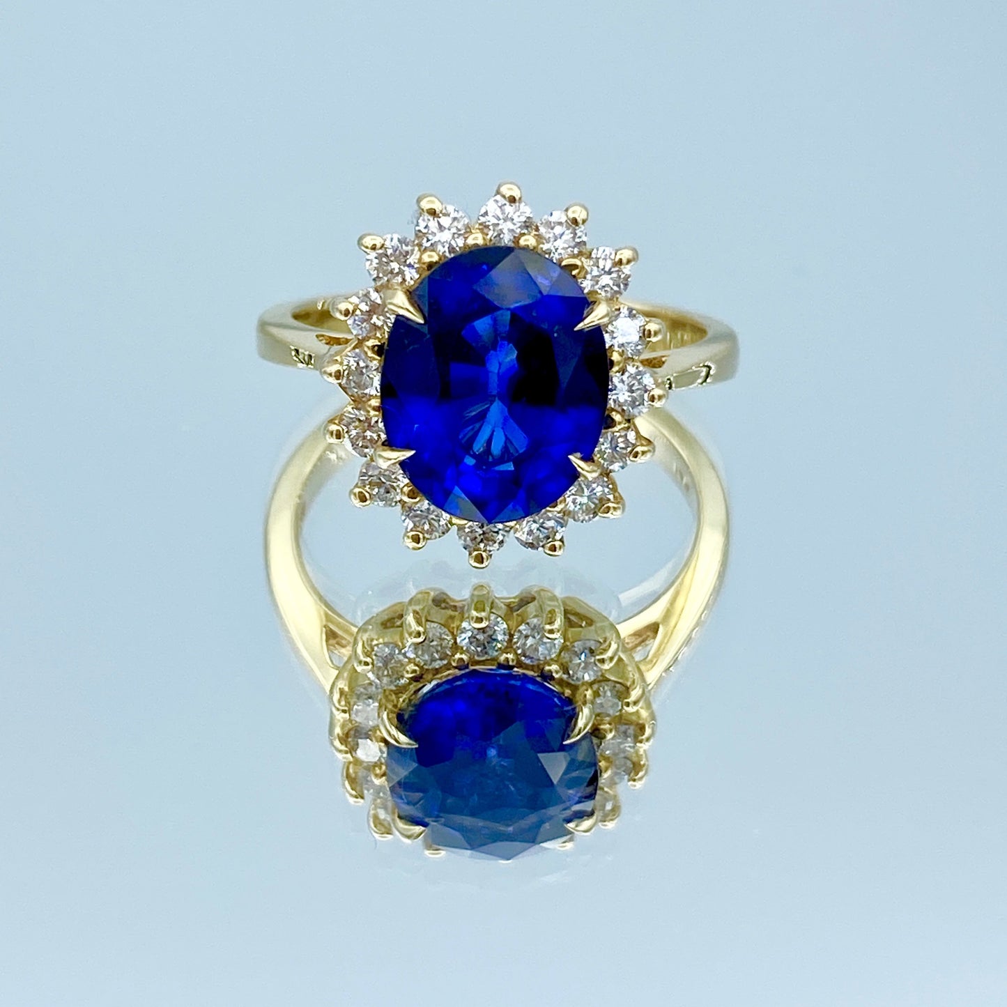 Oval-Cut Blue Sapphire Ring with Diamond Halo in 14K Yellow Gold - L and L Jewelry