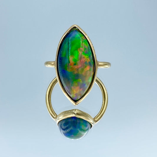 Marquise-Cut Black Opal Ring in 14K Yellow Gold - L and L Jewelry