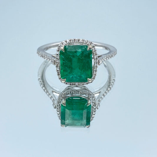 Halo Emerald and Diamond Ring in 14K White Gold - L and L Jewelry