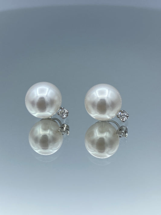 Pearl Earrings with Round-Cut Diamonds in 14K White Gold - L and L Jewelry