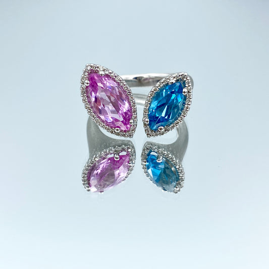 Toi Et Moi Blue Topaz and Tourmaline Statement Ring in 14K White Gold - L and L Jewelry