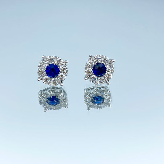 Round Brilliant-Cut Blue Sapphire and Diamond Earrings in 14K White Gold - L and L Jewelry