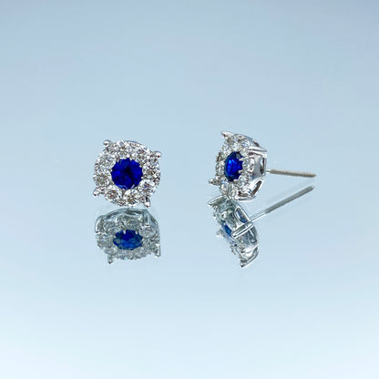 Round Brilliant-Cut Blue Sapphire and Diamond Earrings in 14K White Gold - L and L Jewelry