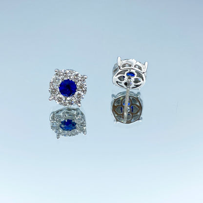 Round Brilliant-Cut Blue Sapphire and Diamond Earrings in 14K White Gold - L and L Jewelry