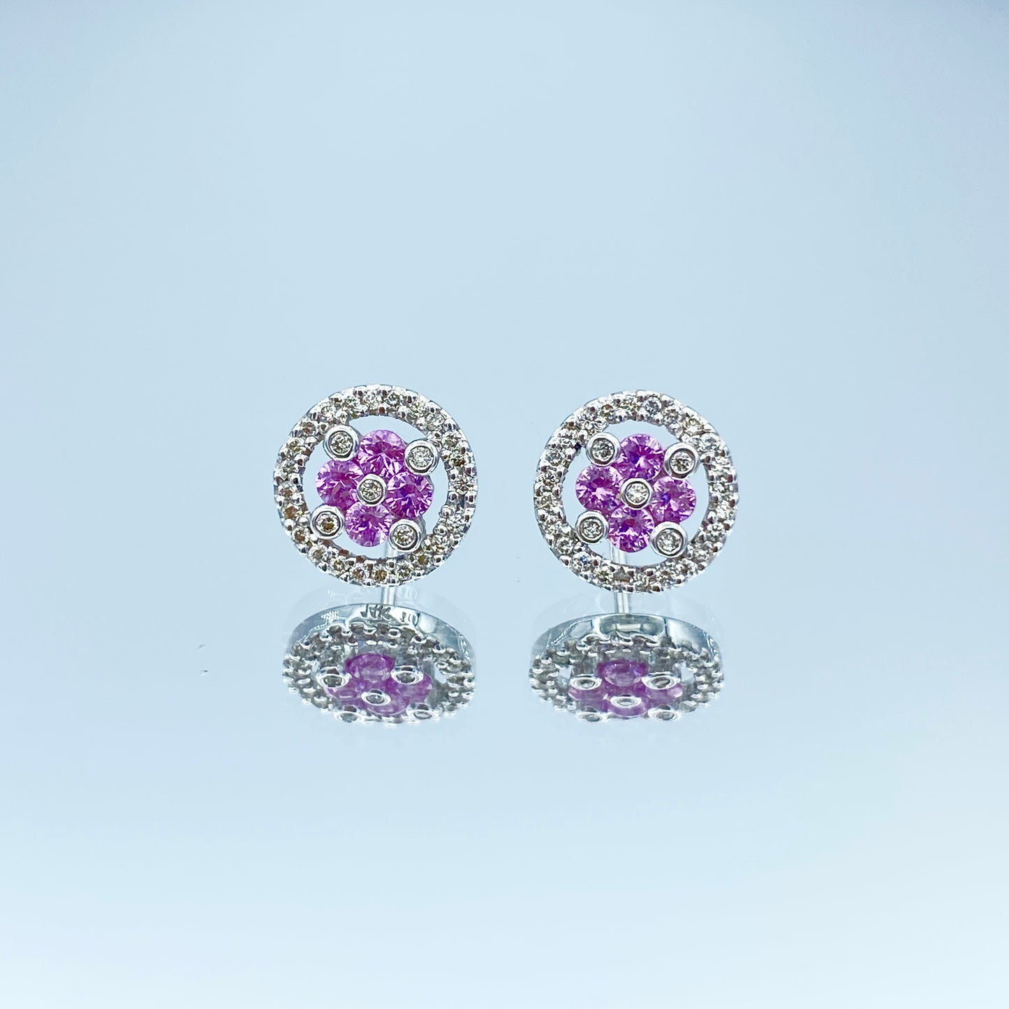 Halo Floral Shape Pink Sapphire and Diamond Stud Earrings in 14K White Gold - L and L Jewelry