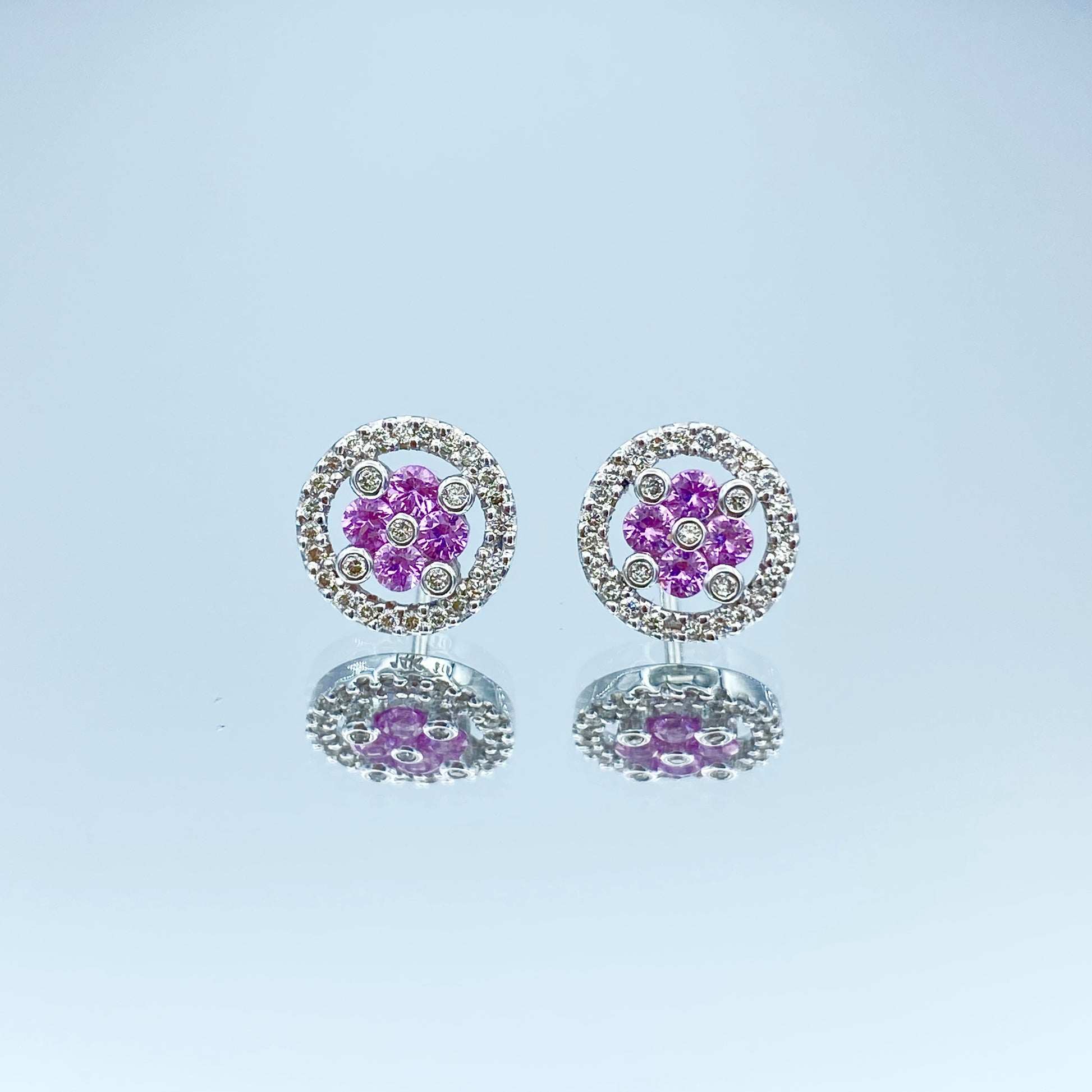 Halo Floral Shape Pink Sapphire and Diamond Stud Earrings in 14K White Gold - L and L Jewelry