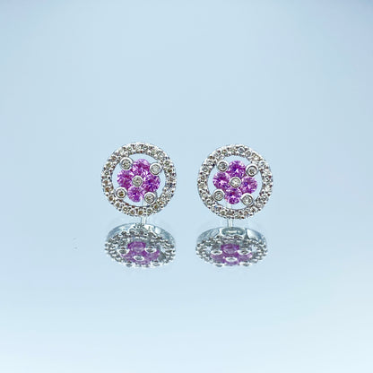 Halo Floral Shape Pink Sapphire and Diamond Stud Earrings in 14K White Gold - L and L Jewelry