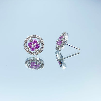 Halo Floral Shape Pink Sapphire and Diamond Stud Earrings in 14K White Gold - L and L Jewelry