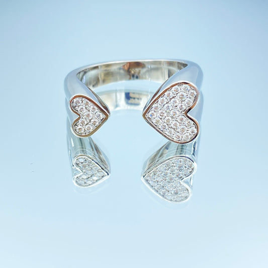 Double Heart Shape Diamond Cuff Ring in 14K White Gold - L and L Jewelry