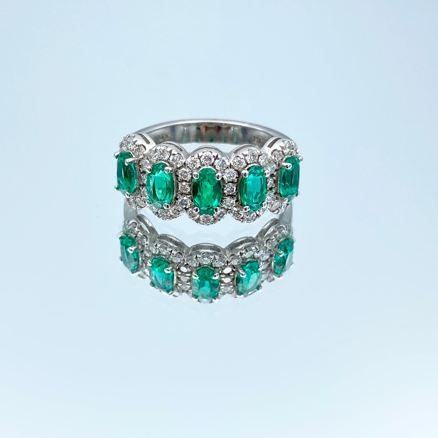 Halo Emerald and Diamond Statement Ring in 14K White Gold - L and L Jewelry