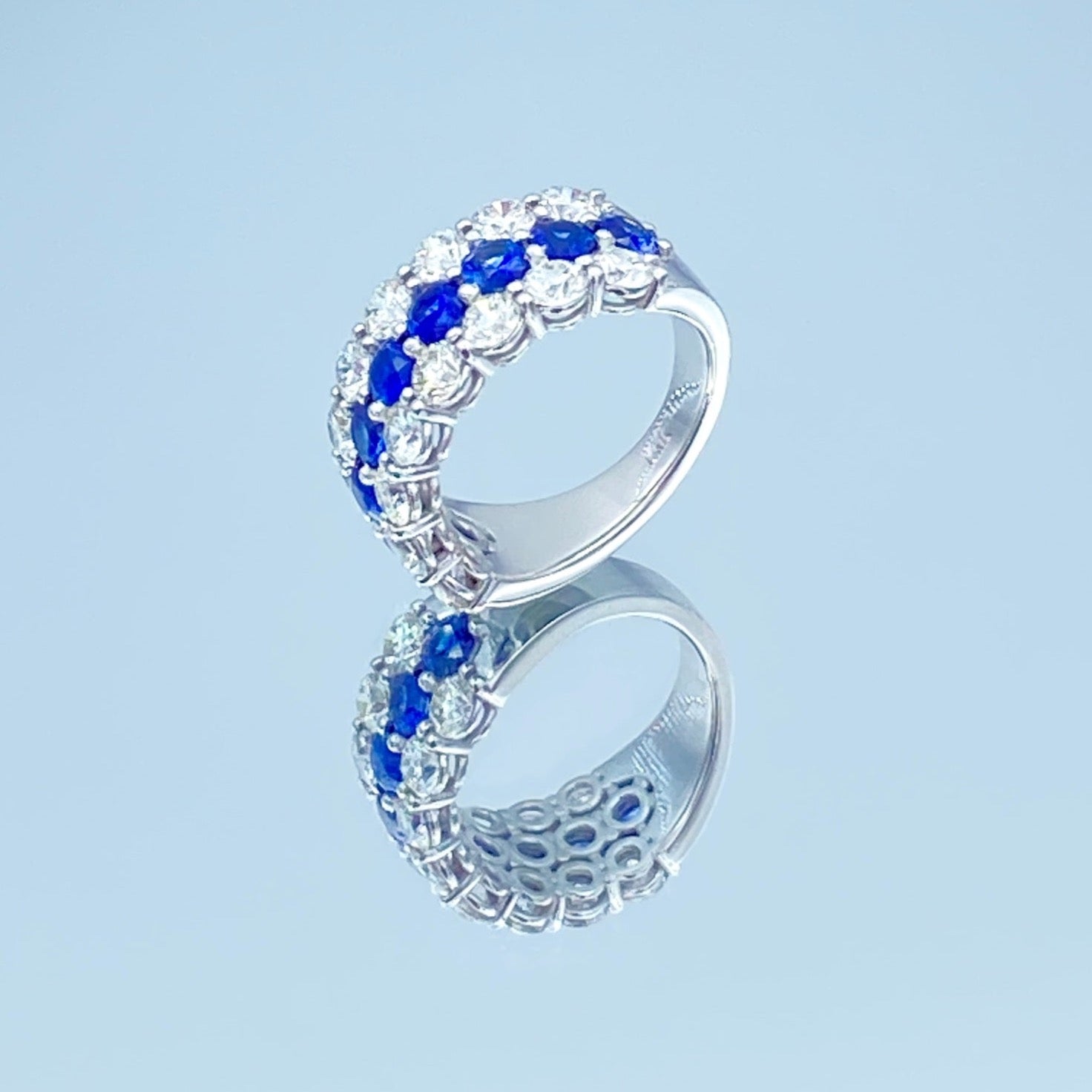 Half Circle Sapphire and Diamond Statement Ring in 14K White Gold - L and L Jewelry