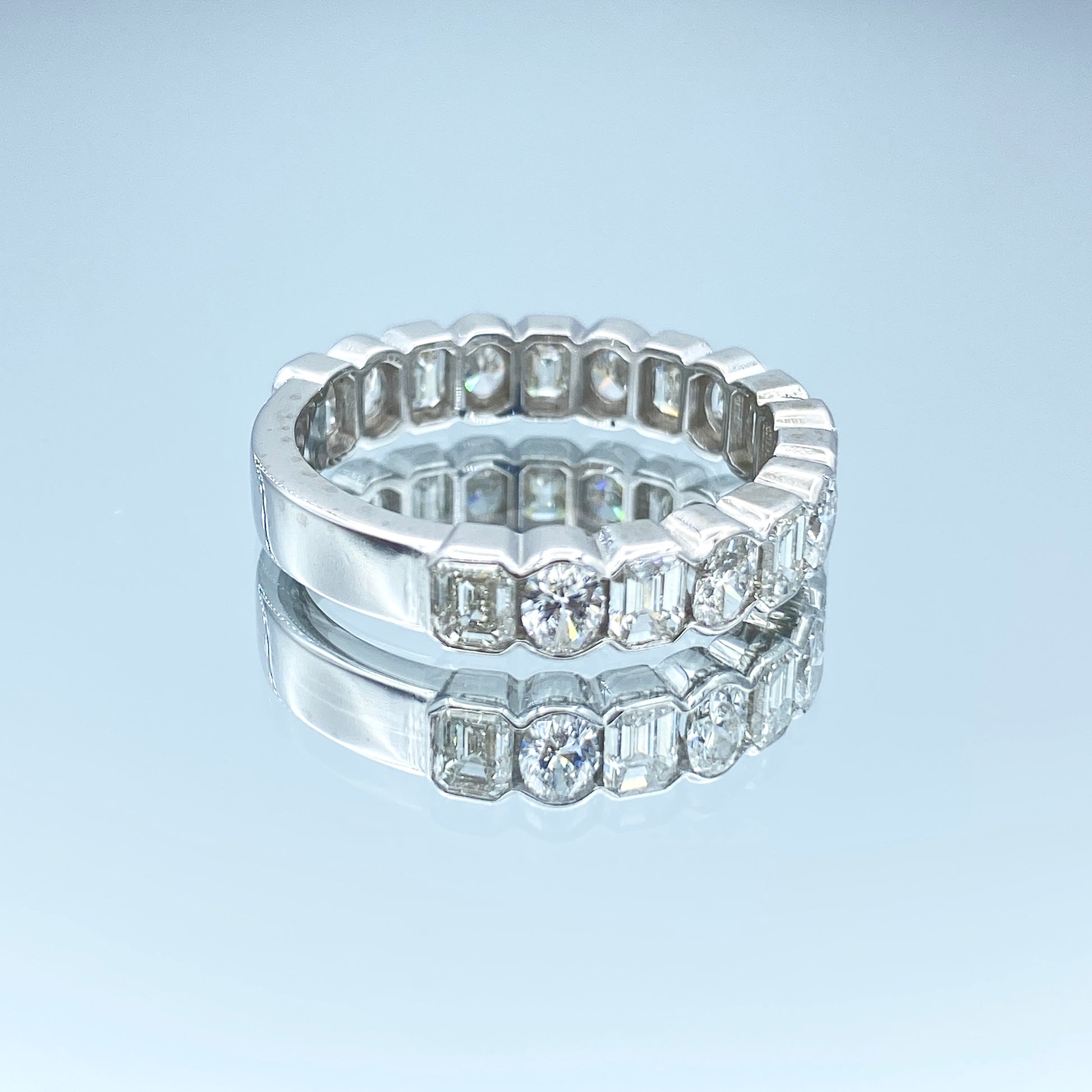 Alternating Emerald-Cut and Oval-Cut Diamond Halfway Eternity Ring in Platinum - L and L Jewelry