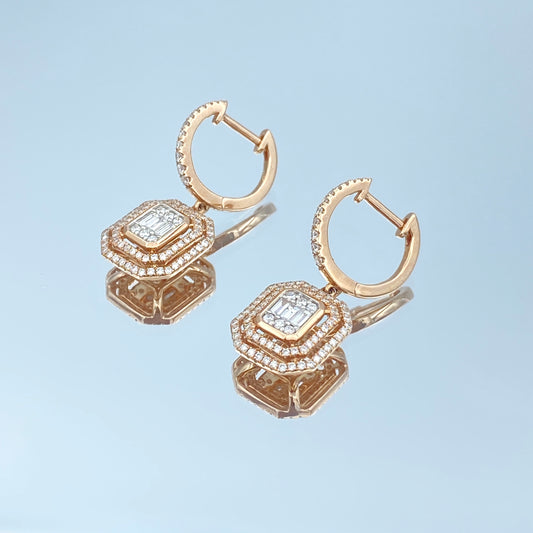 Double Halo Diamond Leverback Drop Earrings in 14k Rose Gold - L and L Jewelry