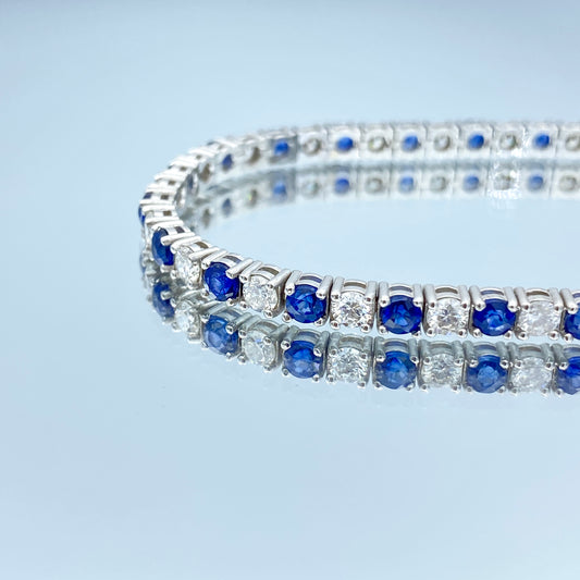 Alternating Blue Sapphire and Diamond Tennis Bracelet in 14K White Gold - L and L Jewelry