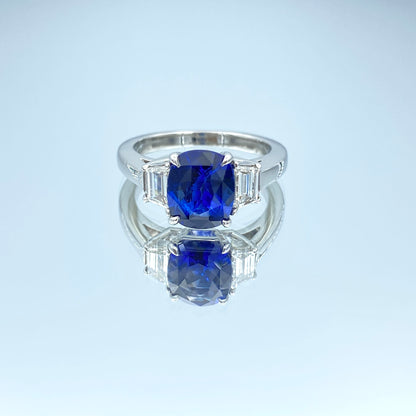 Blue Sapphire and Diamond Three Stone Ring in Platinum - L and L Jewelry