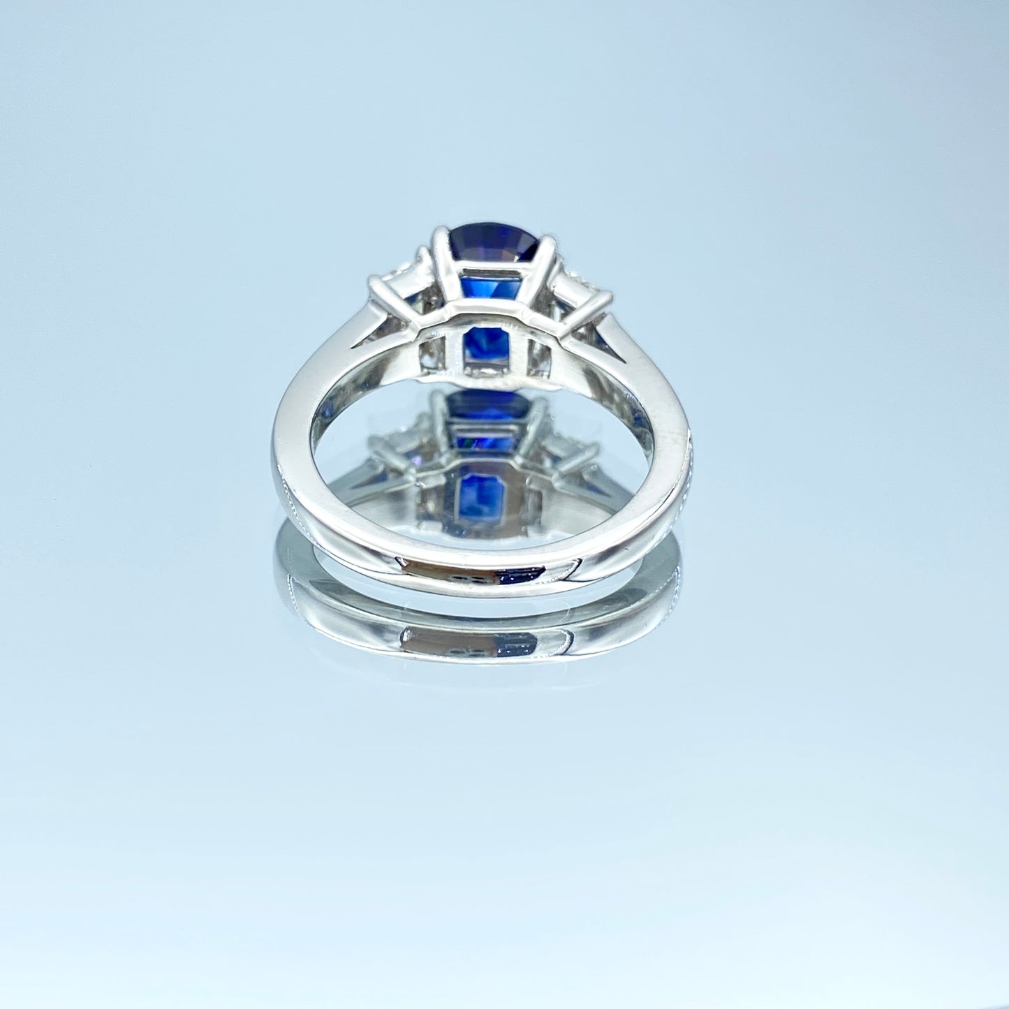 Blue Sapphire and Diamond Three Stone Ring in Platinum - L and L Jewelry