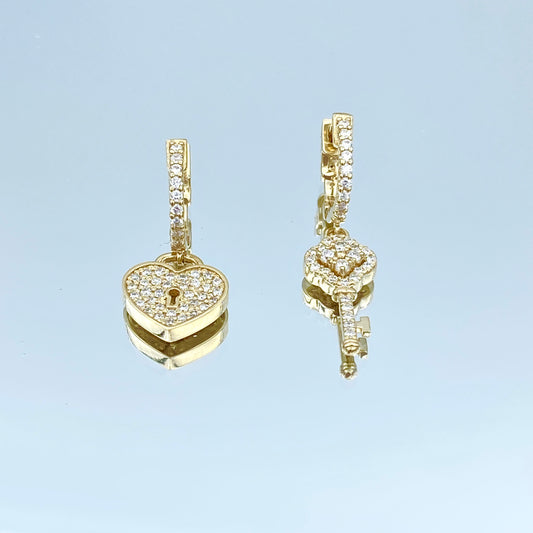 Heart Lock and Key Shape Diamond Drop Earrings in 14K Yellow Gold - L and L Jewelry