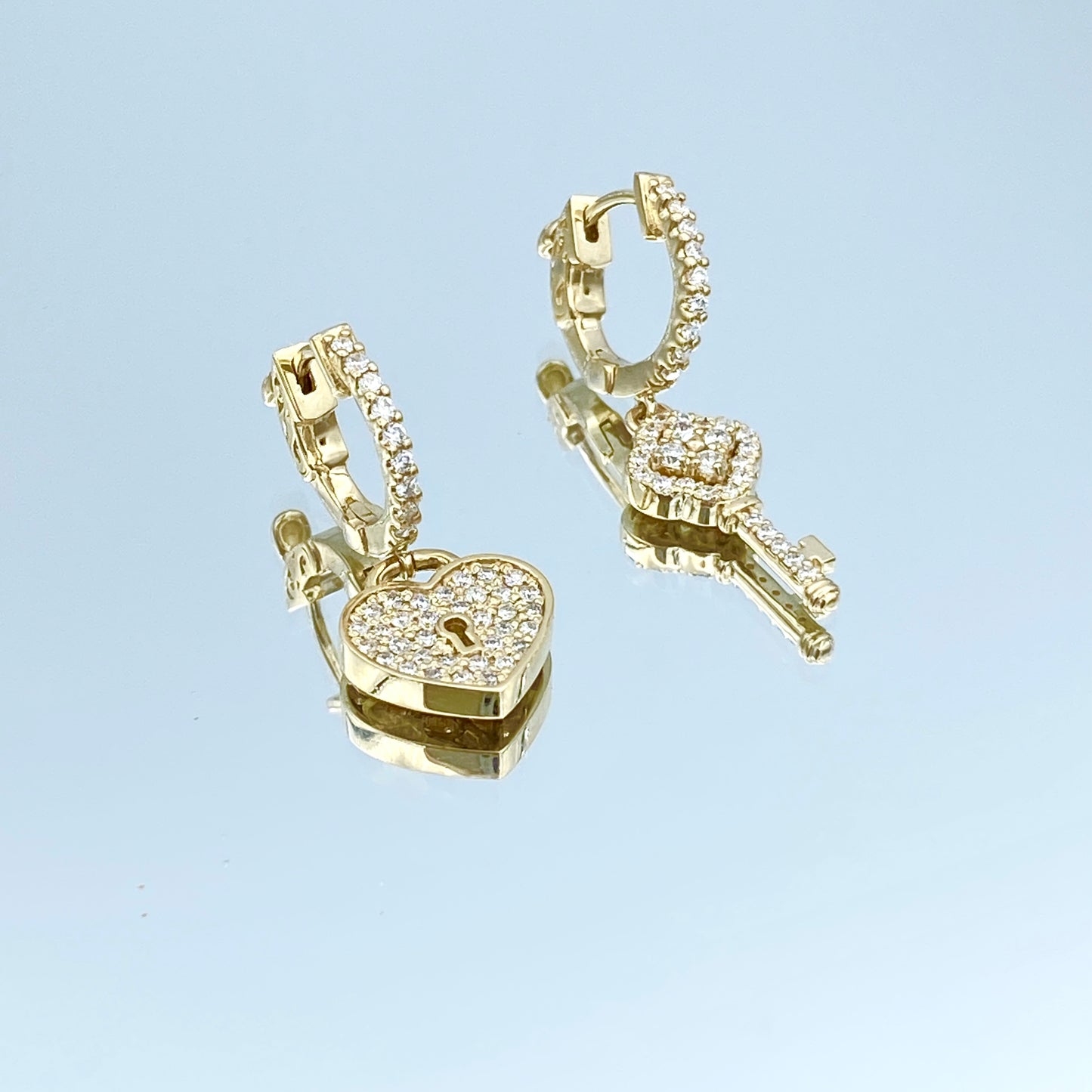 Heart Lock and Key Shape Diamond Drop Earrings in 14K Yellow Gold - L and L Jewelry