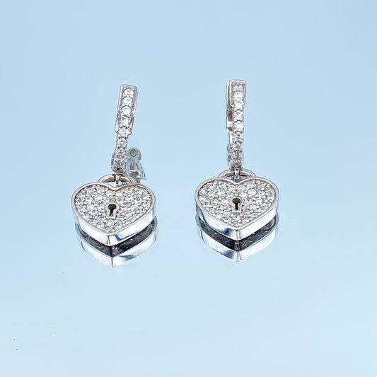 Heart Lock Diamond Drop Earrings in 14K White Gold - L and L Jewelry