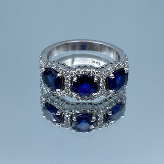 Three Stone Round-Cut Sapphire and Brillant-Cut Diamonds Statement Ring in 14K White Gold - L and L Jewelry