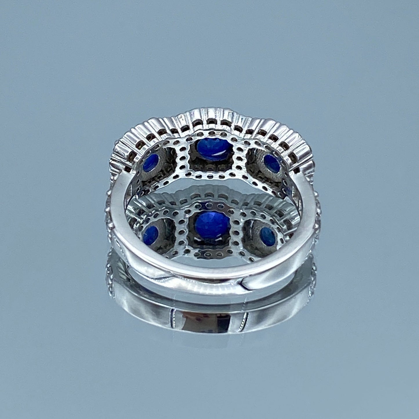 Three Stone Round-Cut Sapphire and Brillant-Cut Diamonds Statement Ring in 14K White Gold - L and L Jewelry