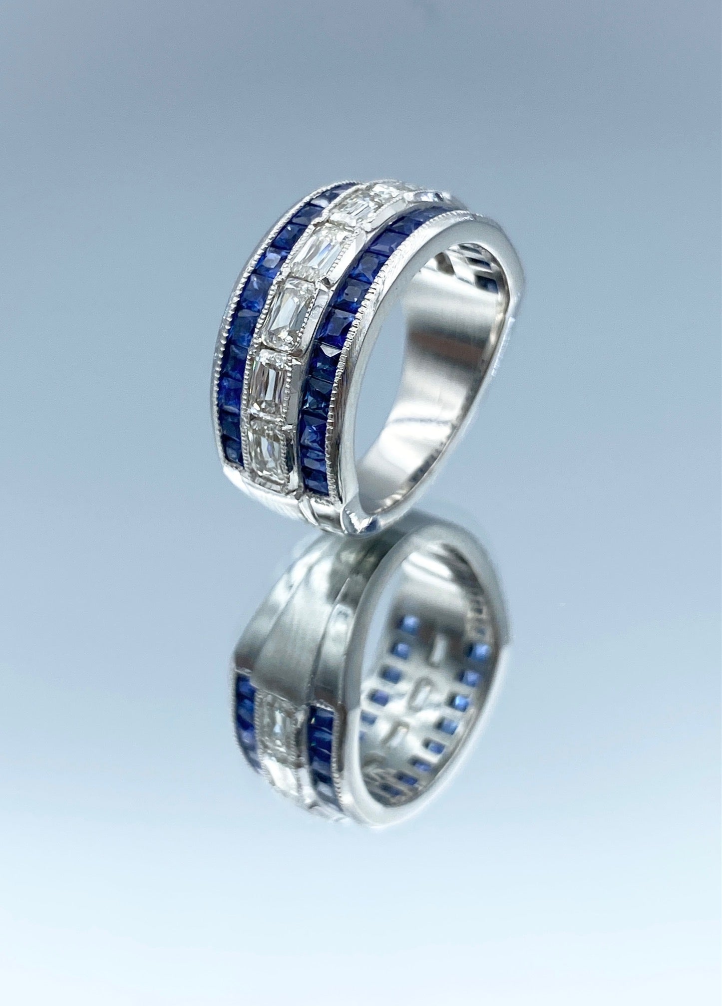 Half Circle Sapphire and Diamond Statement Ring in Platinium - L and L Jewelry