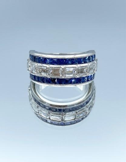 Half Circle Sapphire and Diamond Statement Ring in Platinium - L and L Jewelry