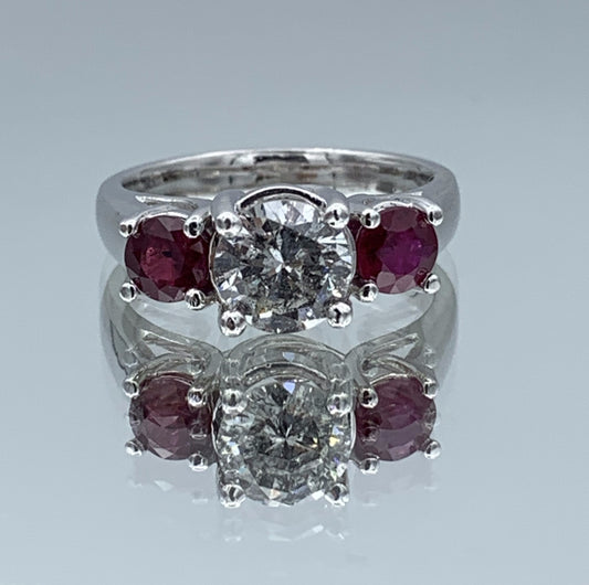 Round Brillant Cut Ruby and Diamond Ring in 14K White Gold - L and L Jewelry