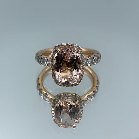 Cushion Cut Morganite with Round Brilliant Cut Diamond Halo Ring in 14K Rose Gold Ring - L and L Jewelry