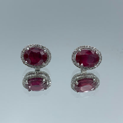Oval Ruby and Diamond Halo Stud Earrings - L and L Jewelry
