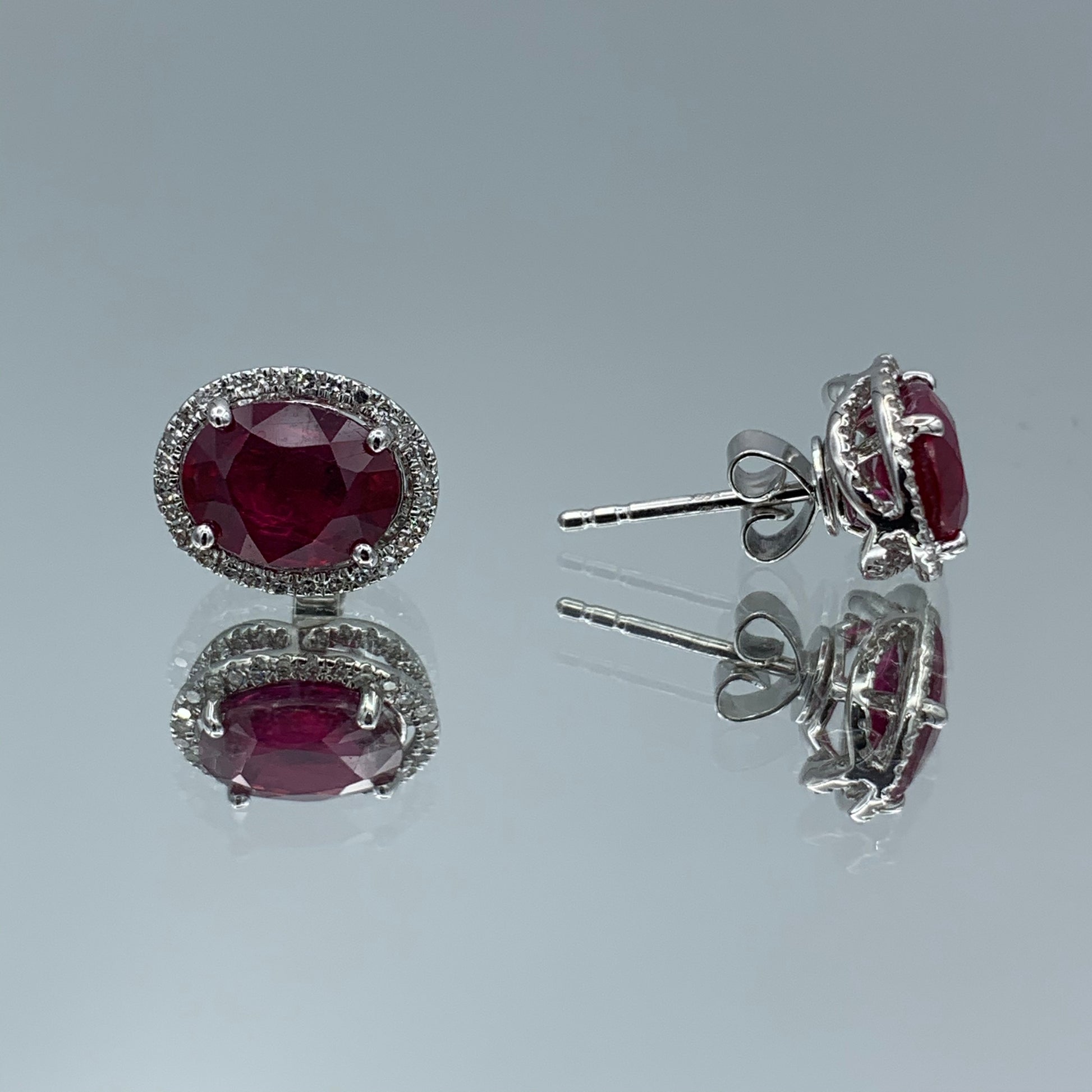 Oval Ruby and Diamond Halo Stud Earrings - L and L Jewelry